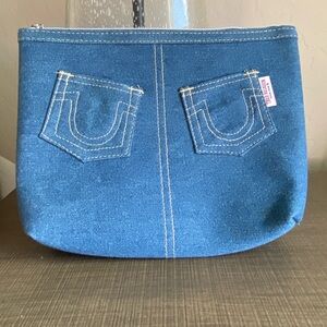 True Religion Front Pockets Denim Jean Cosmetics Makeup Bag Travel Pouch